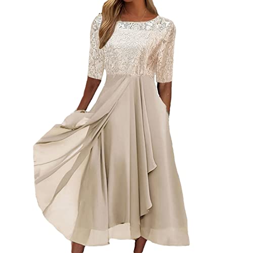 Sommerkleid Damen Wadenlang Spitze Kleider Damen Sommer Elegant Asymmetrisch Strandkleid Damen Halbarm Einfarbig Abendkleid Damen A Linie Luftig Chiffonkleid Damen Leicht Party von Generic