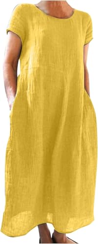 Sommerkleid Damen elegant Vintage Leinen Kleider Casual Rundhals Kurzarm Lang Bequeme Lockeres Baumwolle Leinen A Linie Maxikleid Einfarbig Mode Lässiges Freizeitkleid Blusenkleid Strandkleid von Generic