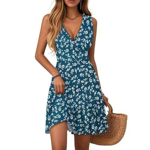 Sommerkleid Damen kurz Damen Kleider Sommer Ärmellos Strandkleid V-Ausschnitt Blumenmuster Rüschen Swing Sommerkleid Hohe Taille Festlich Leichte Freizeitkleid für Urlaub B Royal Blue L von Generic