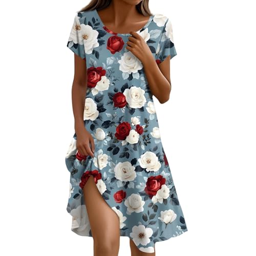 Sommerkleid Damen lang Damen Sommerkleid Rundhals Kurzarm Blumendruck Boho-Kleid Leicht A-Linie Locker Tshirt Kleid Swing Elegant Freizeitkleid Strandkleid mit Taschen S-2XL A Wine XXL von Generic