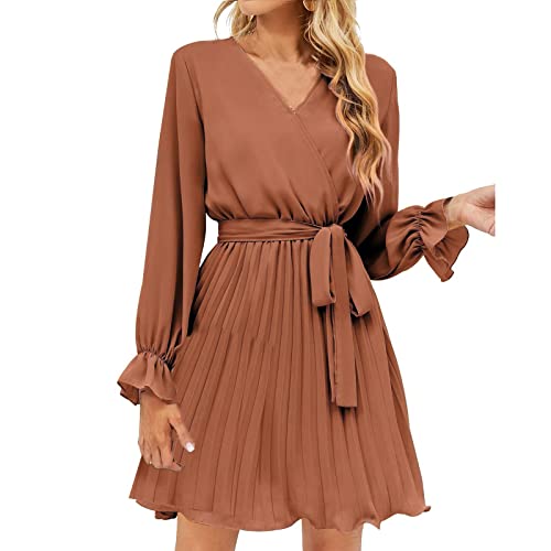 Sommerkleid Damen lang Langarm Kleid Abendkleider Einfarbig Lange Ärmel Gefaltet V-Ausschnitt Midikleid mit Gürtel Kleider elegant festlich(M, Ginger) von Generic