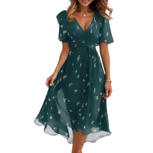Sommerkleid Damen leicht und luftig Damen Kleid V Ausschnitt Kurzarm High Low Wickelkleid Rüschensaum Lange Chiffon Freizeitkleider Sommer Strand Maxi Dress Dark Green XXL von Generic