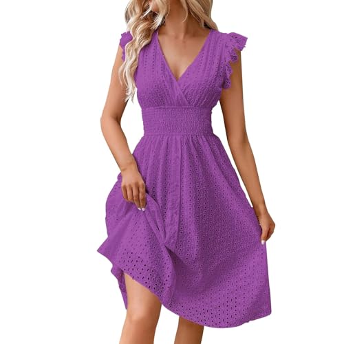 Sommerkleid Damen leicht und luftig Glitzer Kleid mädchen Einfarbig Spitze Hohl V-Ausschnitt Rüschen Kurze Ärmel Mini hemdkleid(Purpur Rosa, L) von Generic