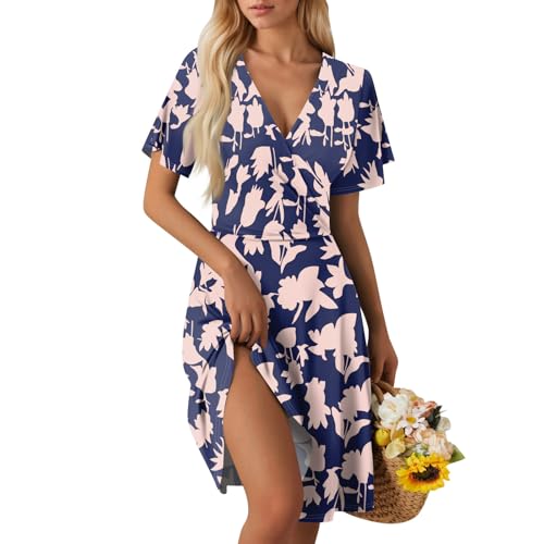Sommerkleid Hochzeit Sommerkleid Damen V Ausschnitt Kurzarm Strandkleid Knielang Blumen A-Linie Kleid Loose Swing Freizeitkleid Summer Dress Tshirt Kleider Leicht und Luftig A Dark Blue XL von Generic