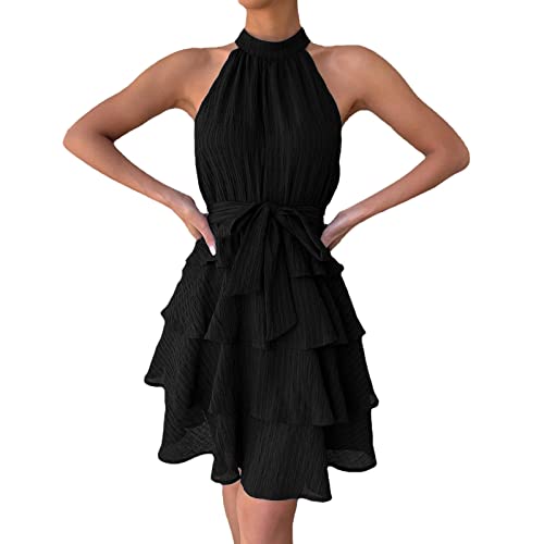 Sommerkleid Knielang Ärmellos Volant Kleid Mode Einfarbig Rüschen Strandkleider High Waist Mit Strappy Midikleid Slim-Fit Elegant Flowy Saum Ballkleider Tunikakleid Freizeitkleider von Generic