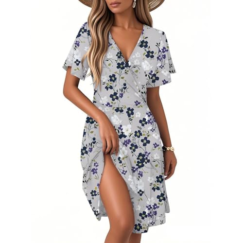 Sommerkleid Knielang Damen, Strandkleid Damen Rüschen Ärmel Wrap Kleid Leicht und Luftig Elegant Abendkleider Hohe Taille Floral Kleider mit Luftige Rüschen Saum Boho A Light Gray S von Generic