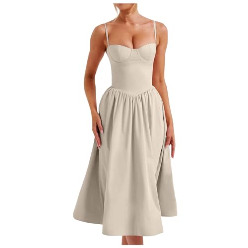 Sommerkleid Lang Damen Korsett Sundress Elegant Spaghetti Midikleid Frauen A Linie Milkmaid Dress Ärmellose Boho Festliches Kleid Cocktailkleid Vintage Prinzessin Brautjungfer Kleider von Generic
