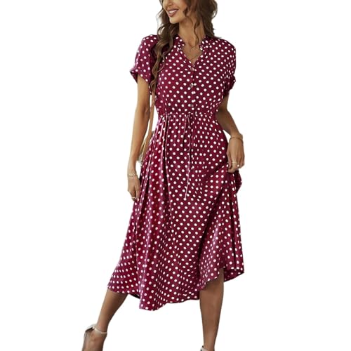 Sommerkleid Leinen Kleid Damen Kurze Sommer Elegant Rundhals Kurzarm Wickelkleid Plissee A-Linie Kleider Klassisch Polka Dot A-Linien Sommerkleid mit Gürtel Sommer 2025 L C Wine von Generic