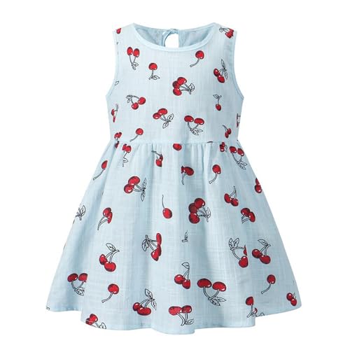 Sommerkleid Mädchen Ärmelloses Baumwolle Leinen Kleider Süß Kirschbaumdruck Mädchenkleid Kinderkleider Sommer Urlaub Lässiges Prinzessin Kleider Freizeitkleid Partykleider für 2-6 Jahre von Generic
