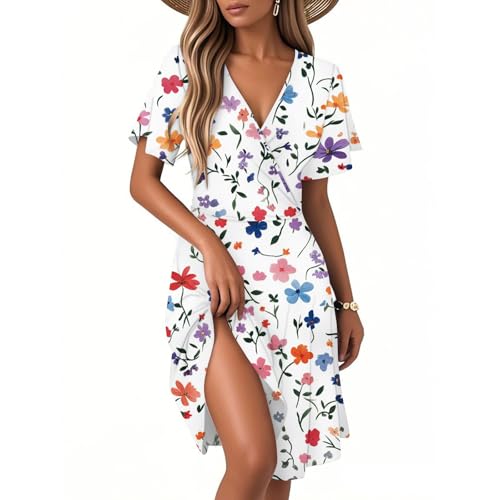 Sommerkleid Midi, Sommerkleid Damen Lang Mädchen Knielänge Boho Freizeitkleid Tunika Hohe Taille Swing Kleid Leicht für Frauen Cocktailkleid Partykleid E White M von Generic