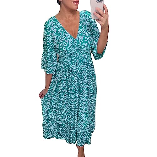 Sommerkleid Midi Große Größen - Bohemian Vintage Strandkleid Damen Knöchellanges Blumenkleid High Waist 3/4 Ärmel V-Ausschnitt Freizeitkleid Elegant Loose Swing Kleider Für Urlaub Alltag von Generic