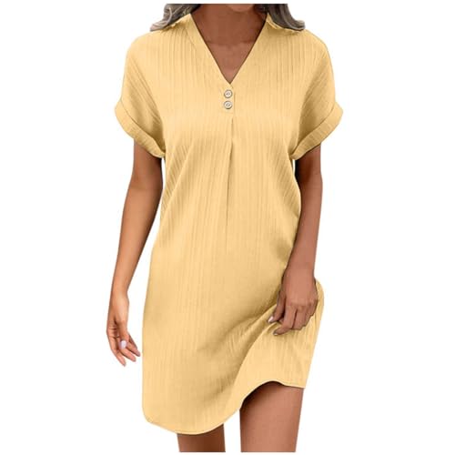 Sommerkleid Sommerkleid Damen Knopfleiste Knielang Strandkleid Einfarbig Komfortabel Boho Blusenkleid Style Freizeit Kleid (Yellow-A, L) von Generic