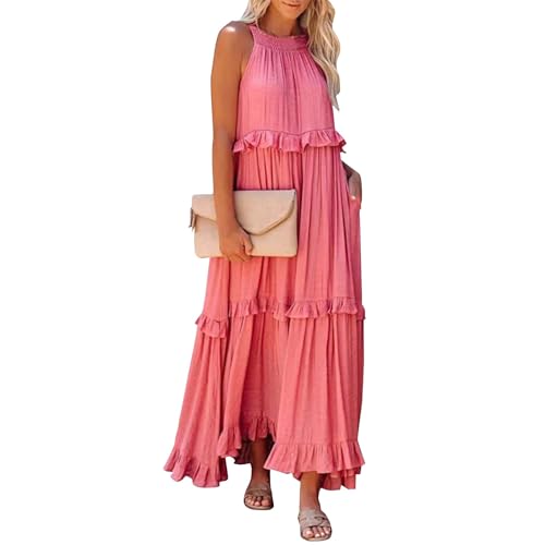 Sommerkleid lang Damen große größen Weiss Einfarbig Neckholder Ärmellose Maxi Kleid maxikleid häkelkleid(Pink, XXL) von Generic