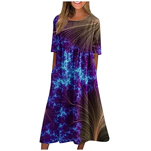 Sommerkleider Damen, Röcke Für Damen Kleider Damen Sommer Elegant Wickelkleid Brautjungfer Damen Mode Lässig Rundhals Print Pullover Kurzarm Loses Kleid Midi Knielanges Kleid (Violett,XXL) von Generic