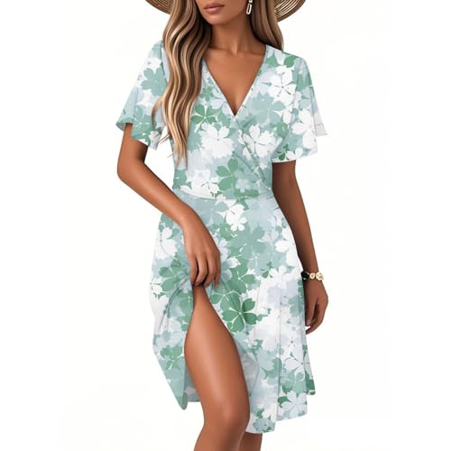 Sommerkleider Damen, Sommerkleid Damen Blumen Wrap Kleid Leichte Freizeitkleid Hohe Taille Floral Legeres Kleider mit Luftige Flowy Saum Casual Midikleid C Mint Green S von Generic