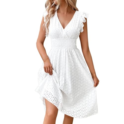 Sommerkleider Damen Ballkleider lang Langarm Kleid Einfarbig Spitze Hohl V-Ausschnitt Rüschen Kurze Ärmel Mini Curvy Kleider(Weiß, S) von Generic
