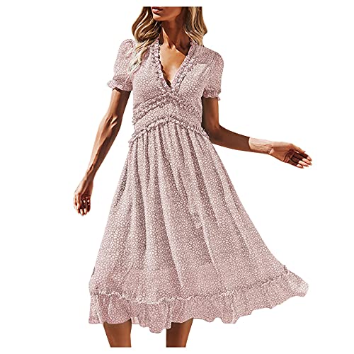 Sommerkleider Damen Boho Lange Kleider V-Ausschnitt Kurzarm Wickelkleid Maxikleid Boho Strandkleid mit Schlitz Blumenkleid Midi Dress von Generic