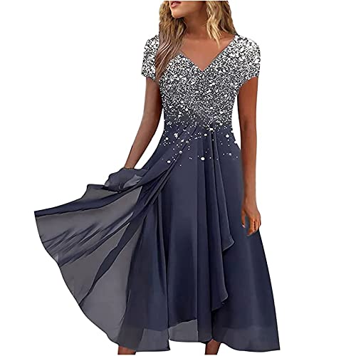 Sommerkleider Damen Elegant Kleid Sommer Chiffon Sommerkleid V Ausschnitt Partykleid High Waist Cocktailkleid Festliche Kurzarm Solide Glitzerkleid Sexy Kleider Schlank Maxikleid von Generic