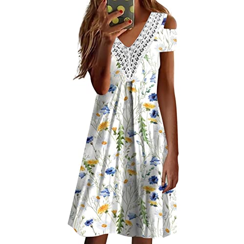 Sommerkleider Damen Knielang, Tunika Kleid Damen Sommer Bunte Sommerkleider Prinzessin Kleid Midikleid Aus Spitze Mit Kurzen Ärmeln Aus Baumwollimitat Festmode Hochzeitsgast (Gelb,XXL) von Generic