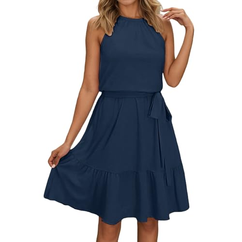 Sommerkleider Damen Knielang Elegant Kleid Blumenmuster Neckholder Rüschen Freizeitkleider mit Taschen von Generic