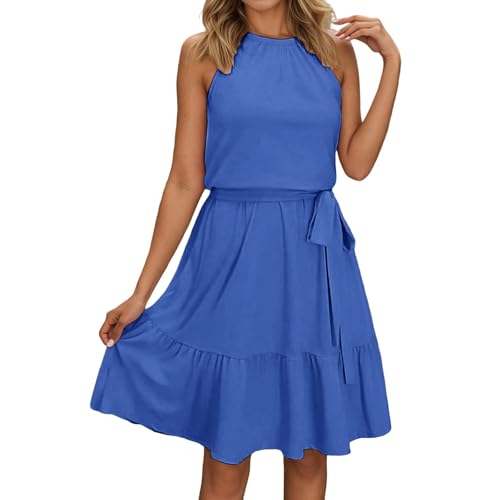 Sommerkleider Damen Knielang Elegant Kleid Blumenmuster Neckholder Rüschen Freizeitkleider mit Taschen von Generic