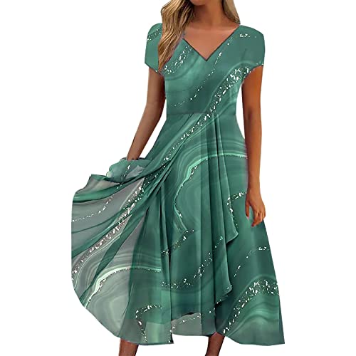 Sommerkleider Damen Kurzarm Lässig V-Ausschnitt Blumendruck A-Linie Kleid Midikleid Partykleid Freizeitkleid Strandkleider Kleider Damen Sommer Lang Wickelkleider Blumen Rüschen (02-Green, XL) von Generic