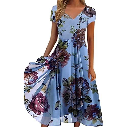 Sommerkleider Damen Kurzarm Lässig V-Ausschnitt Blumendruck A-Linie Kleid Midikleid Partykleid Freizeitkleid Strandkleider Kleider Damen Sommer Lang Wickelkleider Blumen Rüschen (11-Sky Blue, L) von Generic