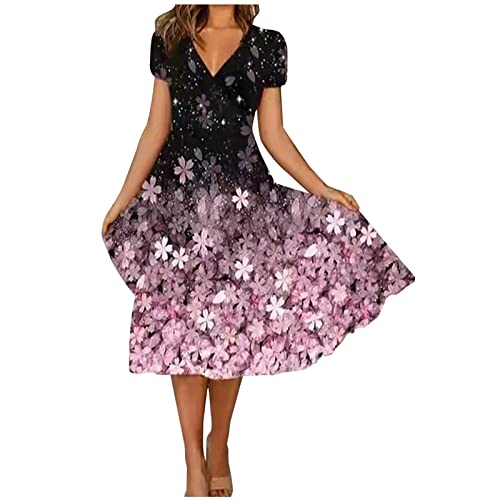 Sommerkleider Damen Kurzarm Partykleid Midikleid Boho Strandkleider Blumenkleid Elegant Tunika Kleider A-Linie Wickelkleid Casual V-Ausschnitt Kleid Damenmode Prom Dress für Urlaub Holiday von Generic