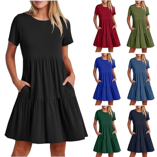 Sommerkleider Damen Lässige Kleid Boho Strandkleider Einfarbig Eleganter Freizeitkleid Knielang Rüschensaum Kleider Kurzärmeliges Maxikleid A-Linien Kleid Leicht Tunikakleid Mit Taschen von Generic