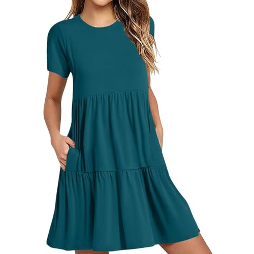 Sommerkleider Damen Lässige Kleid Boho Strandkleider Einfarbig Eleganter Freizeitkleid Knielang Rüschensaum Kleider Kurzärmeliges Maxikleid A-Linien Kleid Leicht Tunikakleid Mit Taschen von Generic