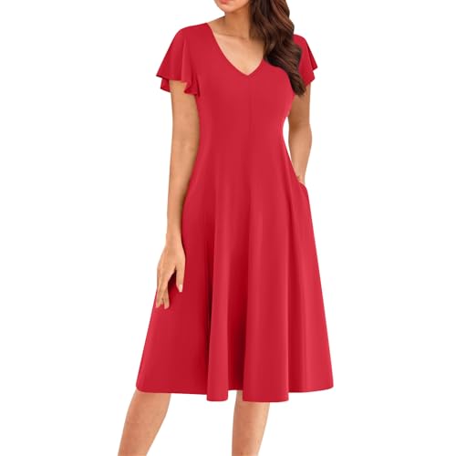 Sommerkleider Damen Leicht und Luftig, Damen Sommerkleid Kurzarm A-Linien Kleider V-Ausschnitt Fließend Wickelkleid mit Taschen Knielang Einfarbig Einfaches Hohe Taille Abschlusskleid B Red XL von Generic
