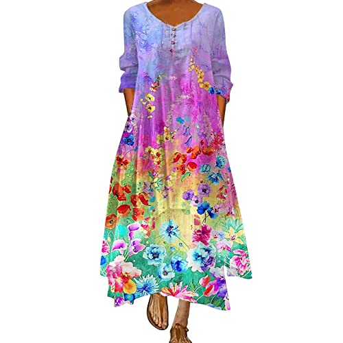 Sommerkleider Damen Leicht: Lang Curvy Elegant Luftig Sommerkleid Blusenkleid mit Blumen Schick A Linie Kurzarm Maxikleid Freizeitkleid Maxi Große Größen Sexy Festlich Strandkleid Boho Kleid von Generic