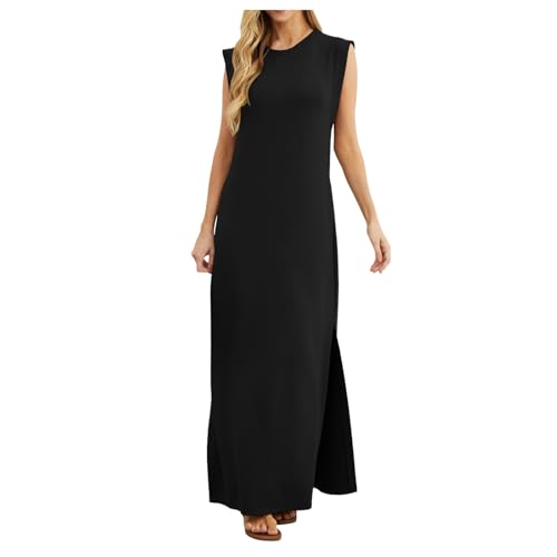Sommerkleider Damen Rundhals Ärmellos T-Shirtkleid Sexy Schlitz A Linie Kleider Mode Elegant Maxi Freizeitkleid Frauen Strandkleider Loose Partylkleid Cocktailkleid von Generic