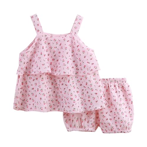 Sommerkleider Mädchen Baumwolle Leinen Strandkleid Outfits mit Blumenweste und Shorts Blusenkleid Urlaub Freizeitkleider Casual Prinzessinnenkleid Kinder Mädchenkleid 0-5 Jahre von Generic