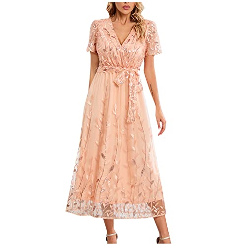 Sommerkleider Sale, Kleider Damen Sommer Maxikleider Sommer Off Shoulder Kleid Damen Rundhals Kurzarm Patchwork Kleid Freizeitkleid Pendelkleid Midi Satin Kleid Damen Anarkali (Rosa,L) von Generic