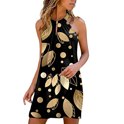 Sommerkleider für Frauen 2023 Neckholder Flowy Strandkleid Damen Trägerloses Faltenkleid Knielang Minikleid Anziehen Party Gothic Kleid, gold, Medium von Generic