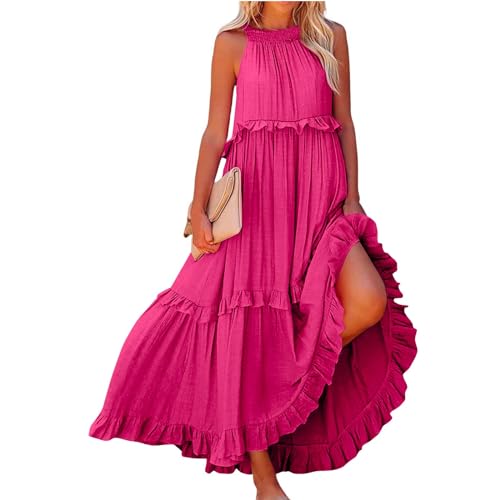 Sommerkleider langes Kleid Damen elegant jerseykleid Einfarbig Neckholder Ärmellose Maxi Damenkleider Sommer lang ballkleid(Hot Pink, S) von Generic