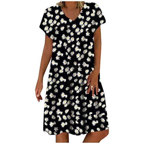 Sommerkleidung Frauen lässige lockere Kurze Ärmeln O-Ausschnitt Gänseblümchen-Druck Plus Größe Kleid Schwarz Langarm Elegant von Generic