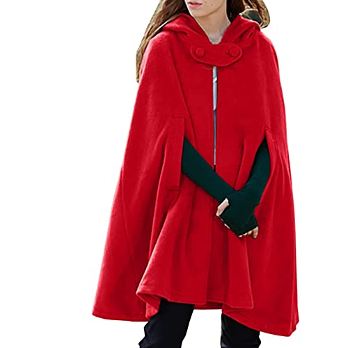 Sommermantel Damen Mit Kapuze Medium Frauen Cape Winter Vintage Mantel Mode Knopf Wollmantel von Generic