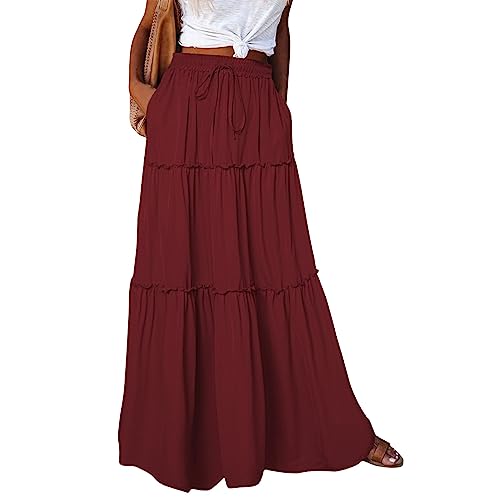 Sommerrock Damen Leicht Und Luftig Elastische Bund Beach Tüllrock Unterrock Lang Hohe Taille Skirt Faltenrock Bohemien Druck Bleistiftrock Damen Maxirock（5-Rot，XXL） von Generic