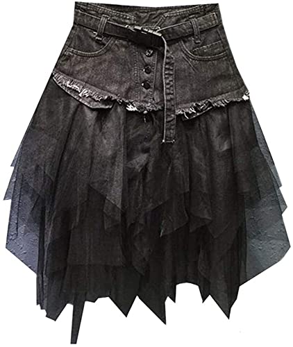 Sommerröcke Damen Vintage Casual Swing Einfacher Stil Rock Damen Denim Mesh Spleißrock Hohe Taille A Linie Asymmetrisches Rüschen Tüll Gothic Kleid (Color : Schwarz, Einheitsgröße : L) von Generic