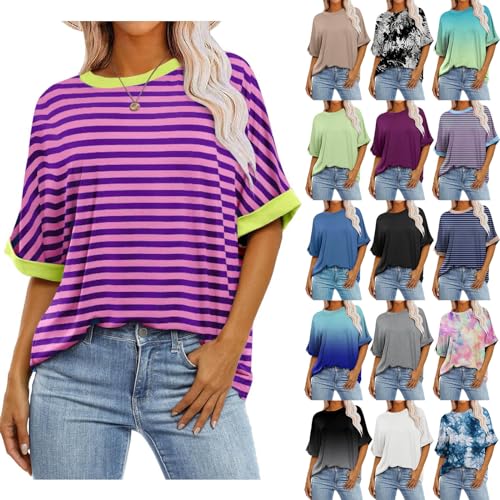 Sommershirts Damen Leicht Und Luftig Rundhals Pullover Summer Tops Für Damen Lässiges Tshirt Baumwolle Damen Druck Bluse Funktionsshirt Damen Kurzarm Elegant Shirt Weiß Damen(2-Purple,XL) von Generic