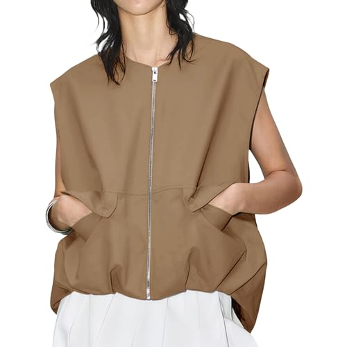 Sommerweste für Frauen Übergröße Zip Up ärmellose feste Farbe Jacke Tops Casual Loose Fit Sommer Tops (Camel, M) von Generic