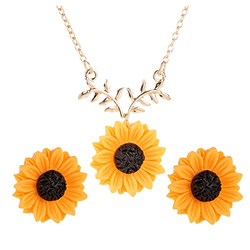 Sonnenblumen-Halskette und Ohrring-Set, zarter Anhänger, Blumenimitation, Perlenharz, Boho, lange Tropfen, handgefertigte Halskette, Choker mit Schmuckzubehör-Sets für Brautschmuck-Set für von Generic