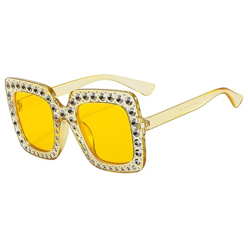 Sonnenbrille aus Strass für Damen, Sonnenbrille aus Strass für Damen, elegante Farbtöne für Damen – übergroße Sonnenbrille für Frauen, modische Sonnenbrille, groß, gelb, Se référer au descriptif von Generic