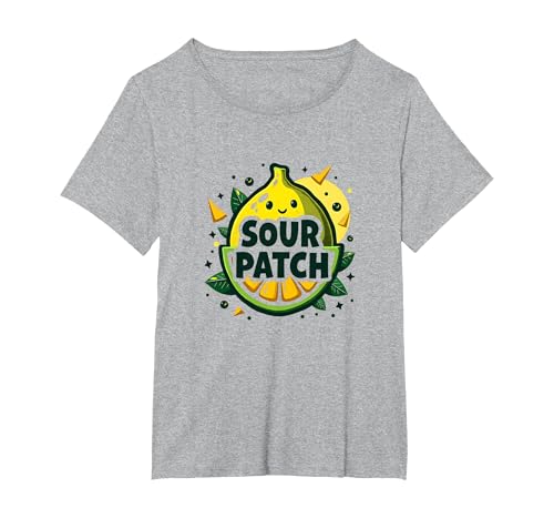 Sour Patch Lemon Kawaii Fruchtgrafik T-Shirt, Damen Große Größen, Grau Meliert, 1X von Generic