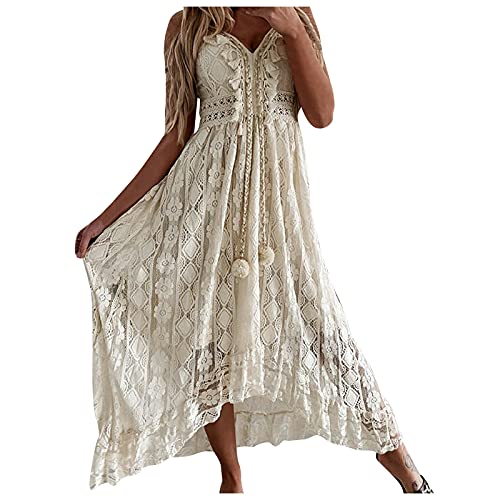 Spaghetti Kleid Damen Maxi Cami Sommerkleid V Ausschnitt Floral Spitze Quasten Spaghetti Trägerkleid Freizeitkleider Hi-Low Party Boho Beach Dress von Generic