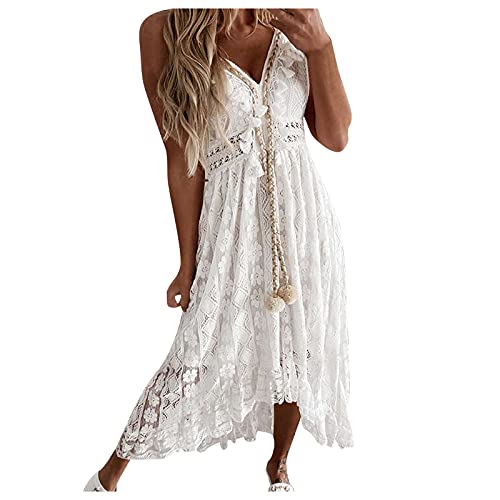 Spaghetti Kleid Damen Maxi Cami Kleid Damen Sommerkleid V Ausschnitt Floral Spitze Quasten Spaghetti Trägerkleid Freizeitkleider Hi-Low Party Boho Beach Maxi Dress von Generic