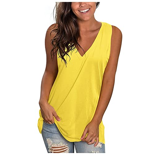 Spaghetti Top Damen, T Shirt Damen Oberteile Tshirt Oversize Tank Top Tops Damen Teenager Sexy Sport T-Shirt Fitness Sportoberteil Frau Spitzen Oberteile Top Y2K Sommer Tanktop (Gelb,XXL) von Generic