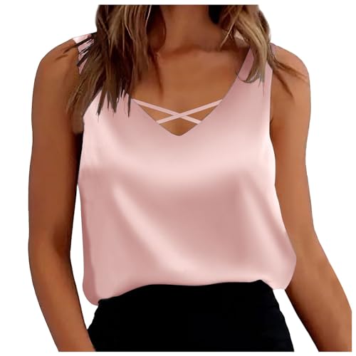 Spaghetti Top Damen Elegant Tops für Damen Sommer Satin Trägertop Blusentops Tanktops Weiß Sommertop Ärmellos Tanktop V Ausschnitt Locker Schwarz Beige Damentops Einfarbig von Generic